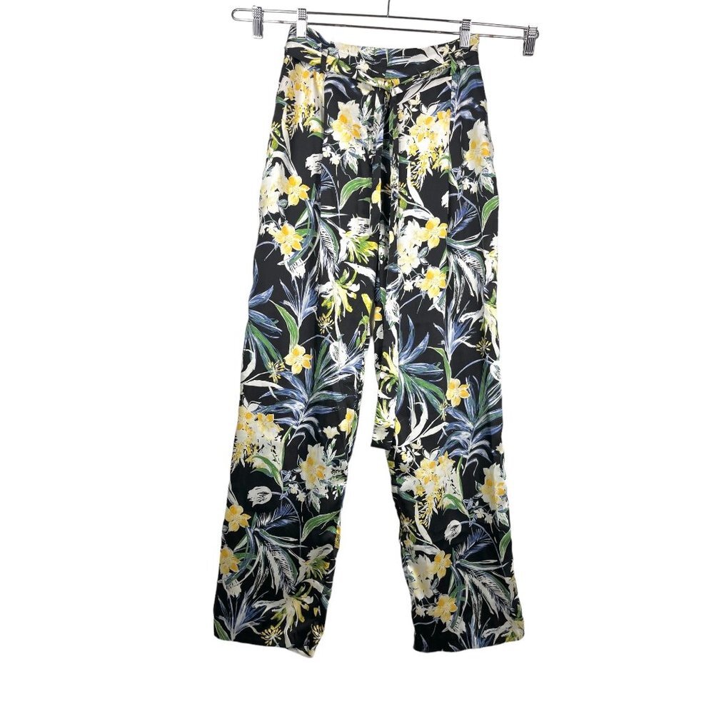 Zara Basic Paper bag waist straight‎ leg satin floral pants sz M